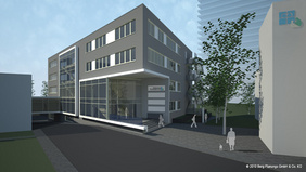 So wird der Eingang des neuen Ärztehauses zwischen Klinik und Parkhaus aussehen.