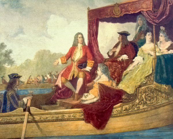 Händel (in der Mitte) mit Georg I. während der Bootsfahrt auf der Themse. Links im Hintergrund die Musikanten auf einem weiteren Boot. Gemälde von Edouard Jean Conrad Hamman (1819-1888)/ Foto: Wikipedia